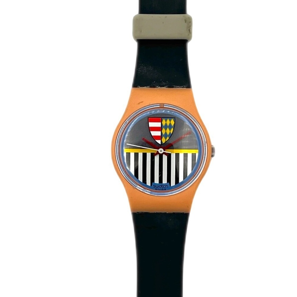 Vintage 1986 Swatch Lady Valkyrie LP101 Watch Peach Black Graphic Crest Watch